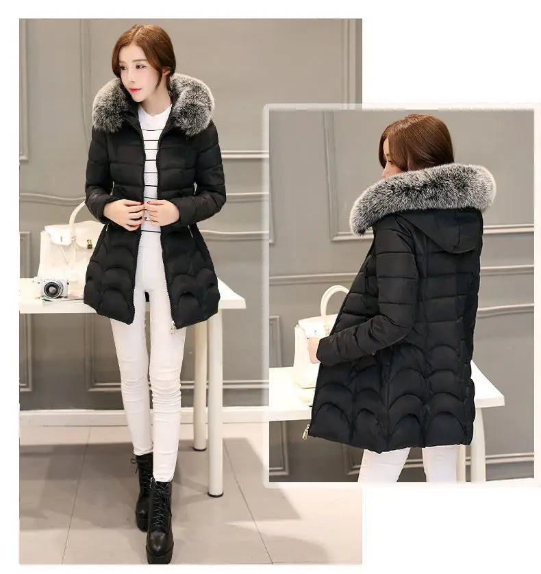 Women's Winter Jacket Parka, Large Faux Fur Collar with Hood, Thick Warm Coat, Casual Women's Outerwear, European Fashion, Black, Tops -30°C