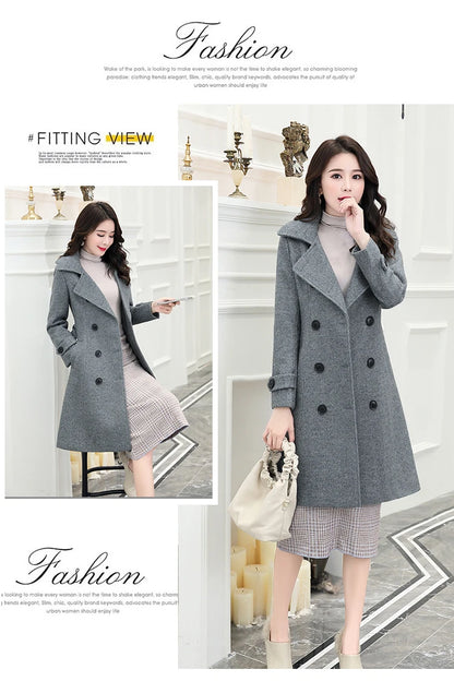 Korean Wool Blends Women Coats Lapel Double-Breasted Lined Trench Belt Ladies St