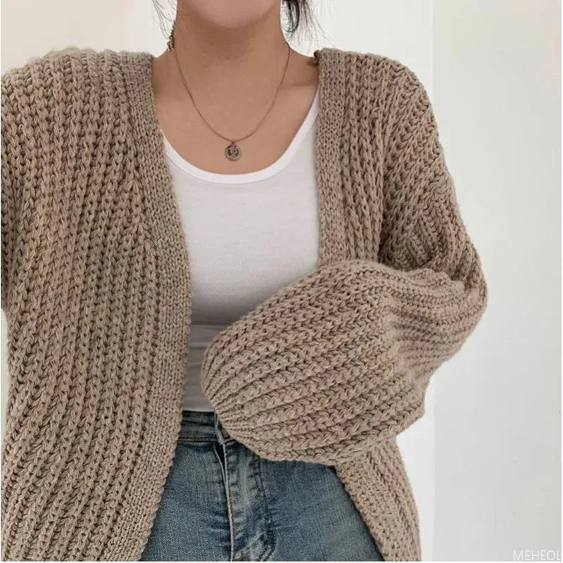 Cardigan de malha versátil casual feminino, suéter gola v, jaqueta solta, casa