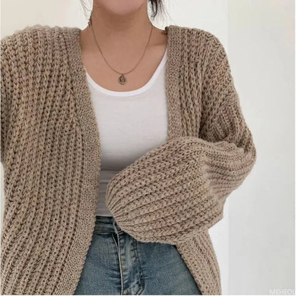 Cardigan de malha versátil casual feminino, suéter gola v, jaqueta solta, casa