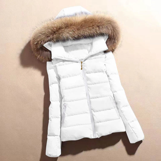 Casaco branco de inverno para mulheres, pele grande com capuz, parkas grossas, c