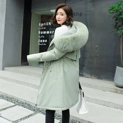 Women's Wool Hooded Jacket with Faux Fur Collar, Long Coat, Thick Warm Winter Snow Parka, Fashionable 2024 Winter Coat