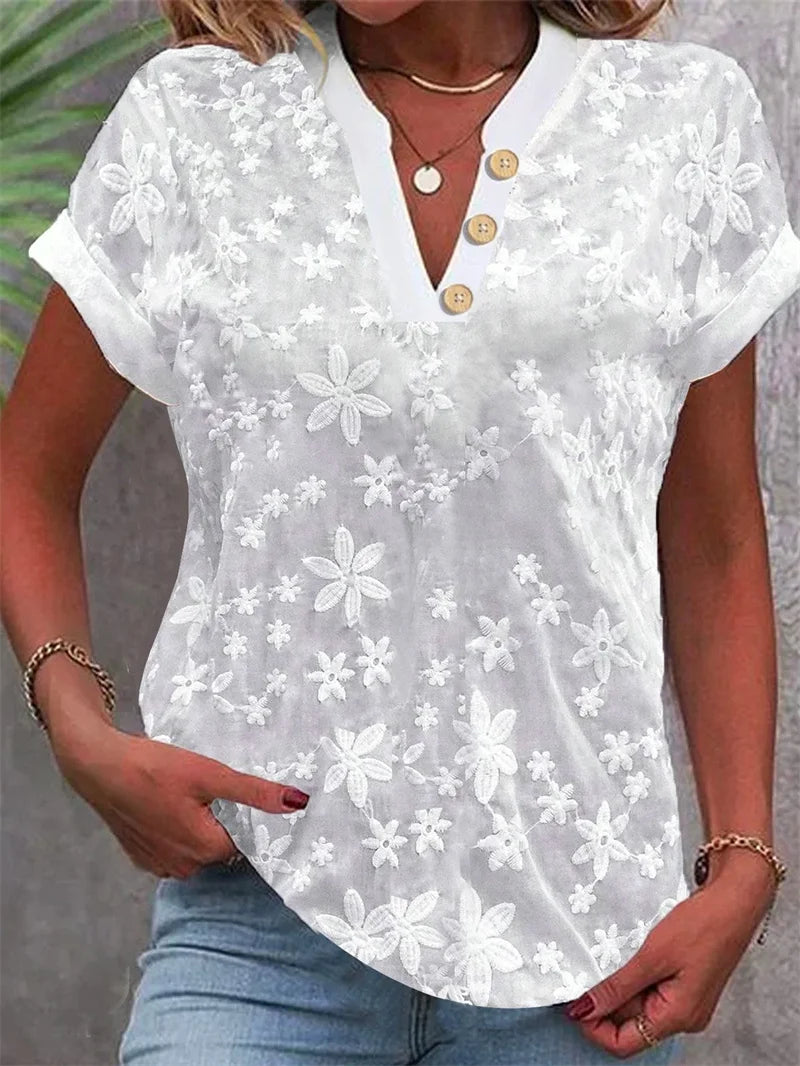 2024 Summer White Jacquard V-Neck Blouse – Elegant Short-Sleeve Office Top for Women