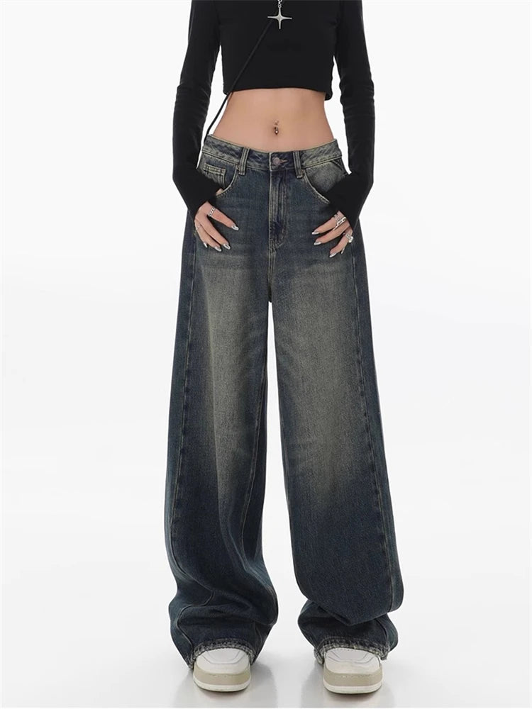 Women's American Retro Straight Baggy Jeans Vintage Street Cool Girl Ins High Waist Loose Pants Female Casual Denim Trousers