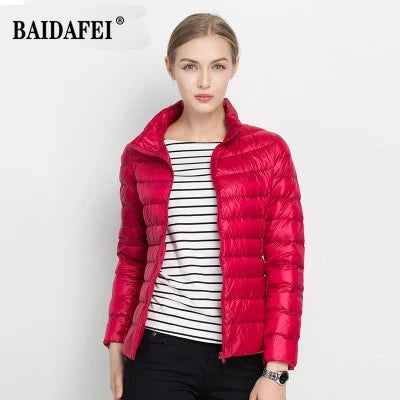 Parka para baixo empacotável feminina, jaqueta puffer empacotável, casaco casu