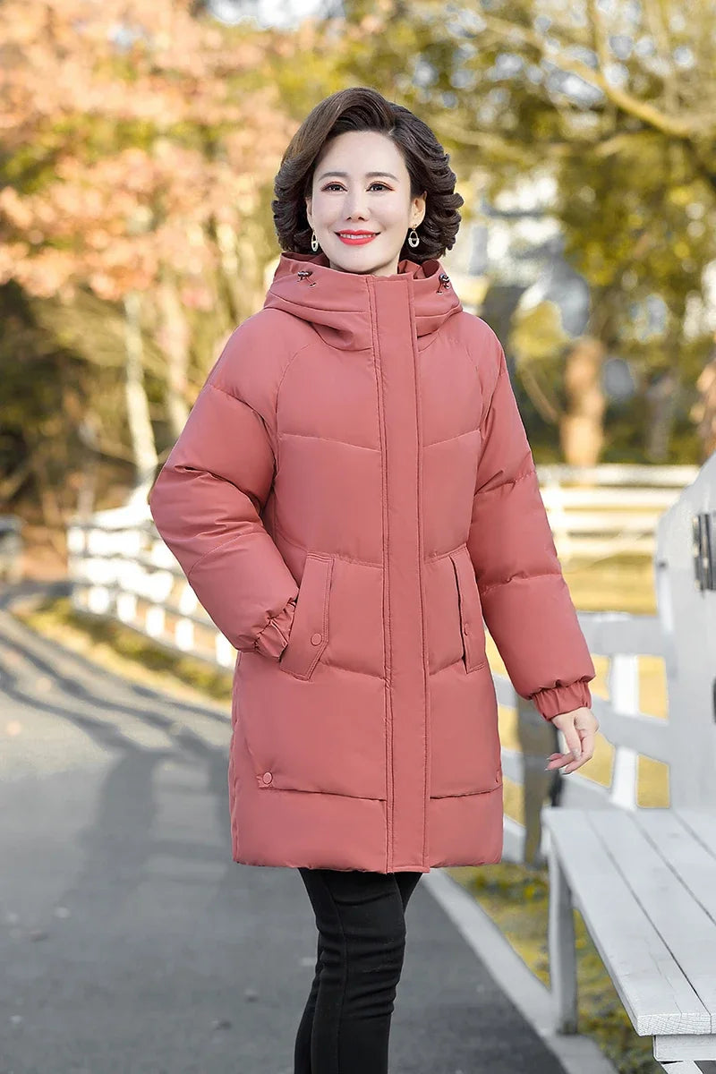 Monochrome Hooded Cotton Padded Parka for Middle-Aged and Grandmother, Long Coat with Fleece, Warm and Loose Fit, Winter Snow Coat