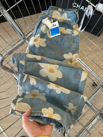 Floral Printed Wide Leg Jeans For Women High Waist Straight Denim Pants Spring Summer Loose Trousers S-3XL Plus Size Female