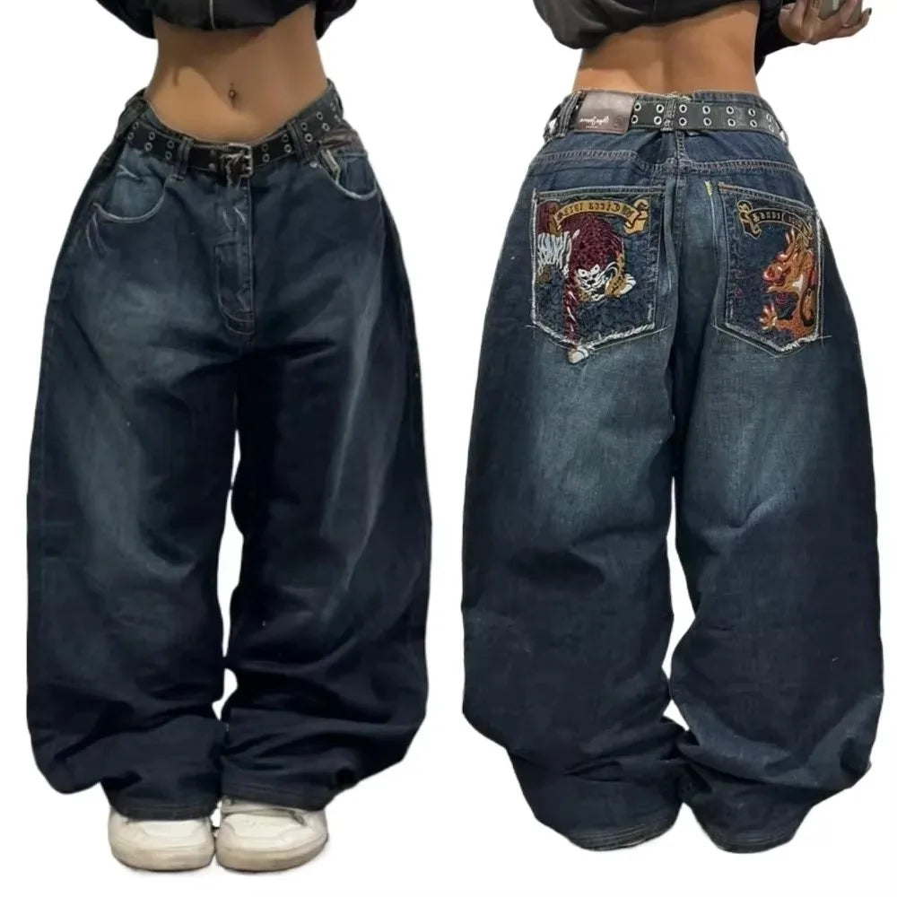 SOUTHPOLE-Jeans feminino, Y2K, Harajuku, Hip-Hop, calça preta, chão lavado, je