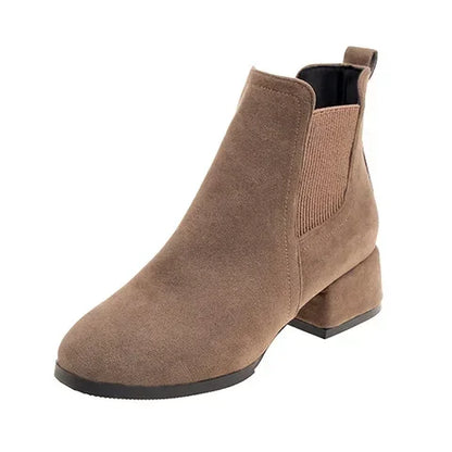 Women's Slip-On Ankle Boots – Autumn/Winter Round Toe Booties with 3.5cm Square Heel in Black & Camel (Sizes 35-43)