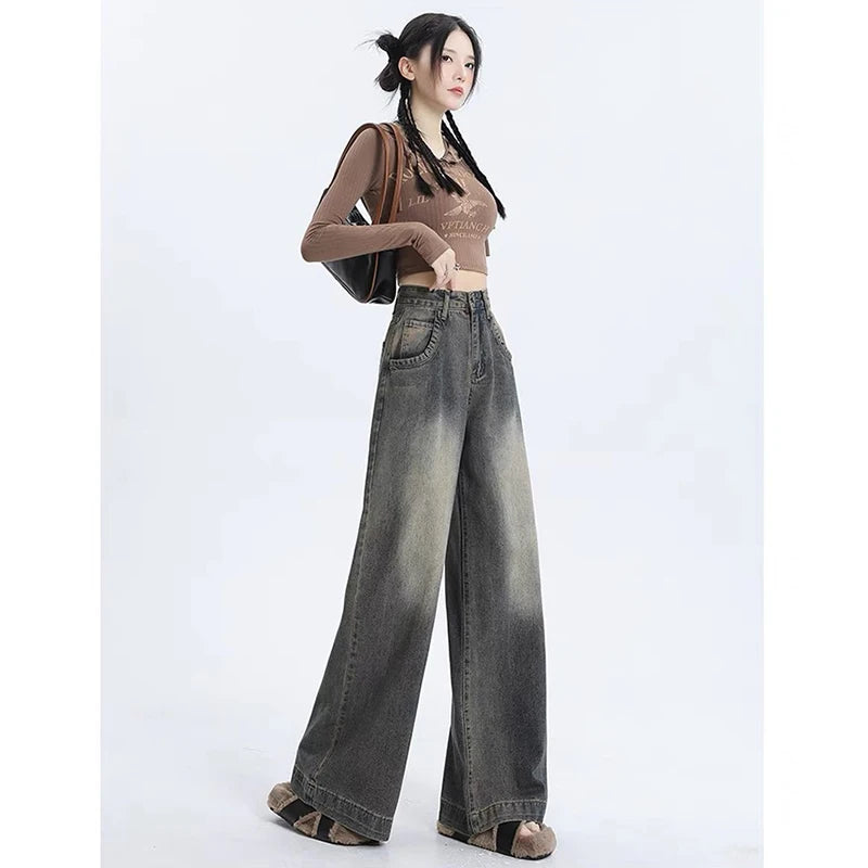 New Classic Loose Vintage Casual Female Wide Leg Pants American Spring Basic Washed Fashion Distressed Street S-XL Women Jeans