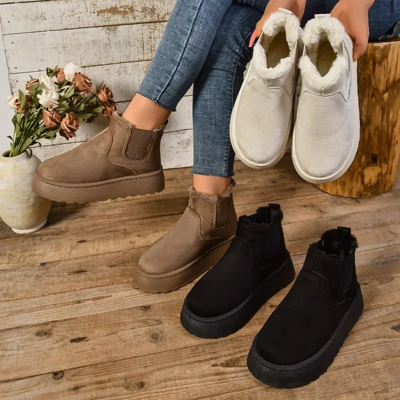 2024 Women's Winter Snow Boots – Plush Suede Fur-Lined Chelsea Ankle & Platform Flats for Effortless Elegance