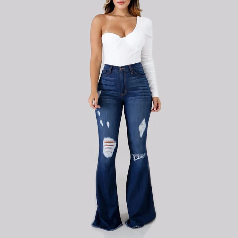 2023 New High Waist Ripped Flared Jeans For Women Fashion Slim Hip Lift Stretch Denim Pants Street Casual Female Trousers S-3XL