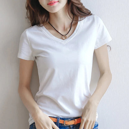 2024 Summer Women's Short-Sleeve T-Shirt – Casual Round-Neck Solid Color Top in Black & White