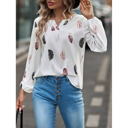 Women’s Feather-Pattern Chiffon Blouse – Elegant Long-Sleeve Fashion Top