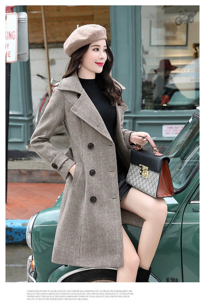 Korean Wool Blends Women Coats Lapel Double-Breasted Lined Trench Belt Ladies St