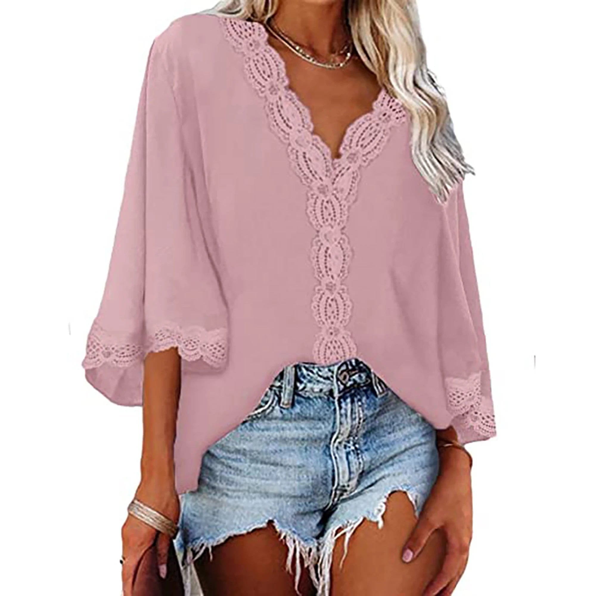 2024 Spring/Summer Flared-Sleeve Lace V-Neck Blouse – European & American-Style Loose Shirt for Women