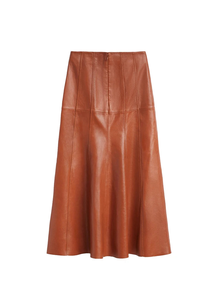 Leather Long Skirt Women New Fashion Attractive Seam Design Pleated Maxi Skirt L