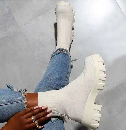 Women's White Platform Boots – Winter & Autumn Sock-Style Ankle Booties with Heels