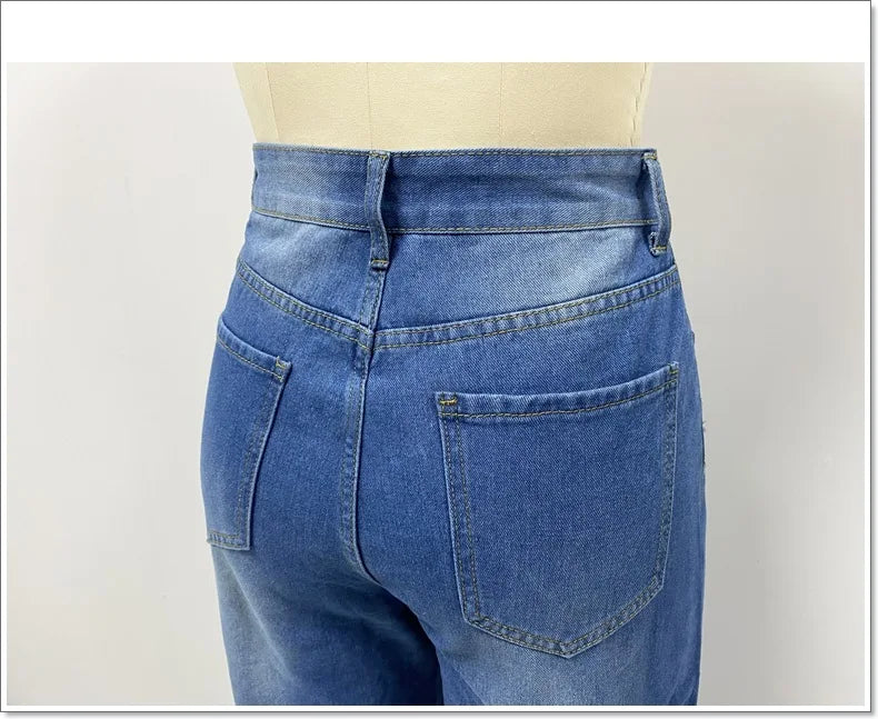 Calça jeans feminina de cintura alta, cintura larga, bolsos para lavar buracos,