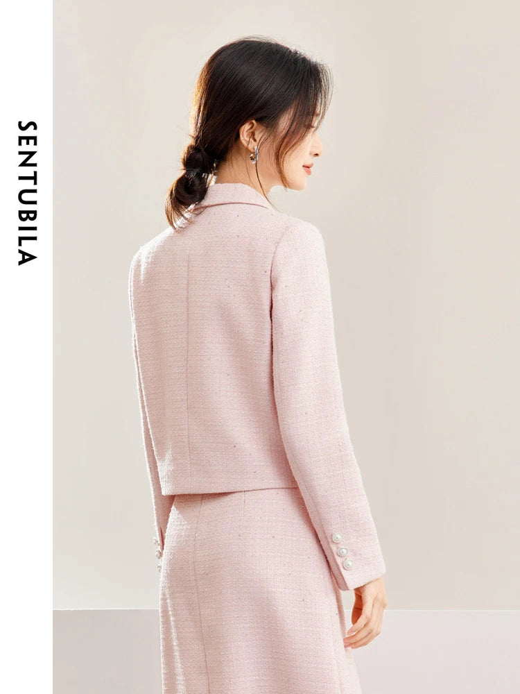 SENTUBILA Pink Elegant Cropped Tweed Jacket 2024 Spring Notched Single Breasted