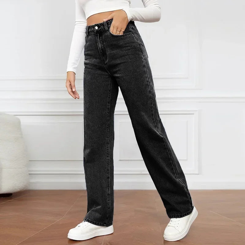 Calça jeans feminina reta de cintura alta, streetwear lavado, bolsos soltos, co