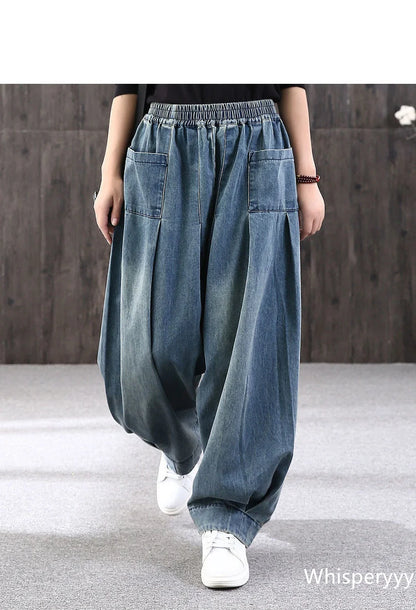 2023 New Loose Large Size Denim Wide Leg Haren Pants Female Art With Chinese Style Casual Sagging Jeans Bloomers Woman Clothing