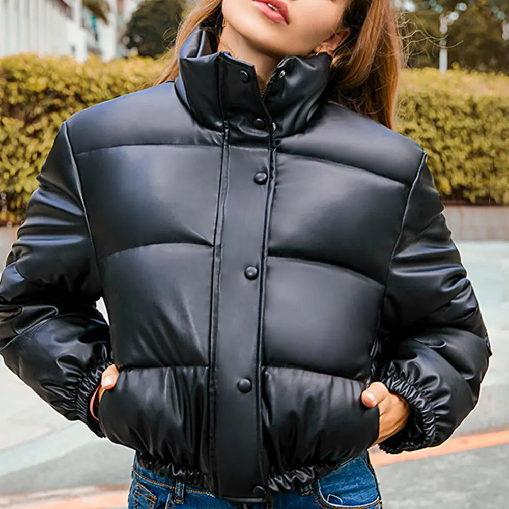 Jocoo Jolee Women's Thick Cropped Puffer Jacket - Black PU Leather Parka, Stylish Zipper Coat, Quilted Cotton Punk Outerwear for Winter