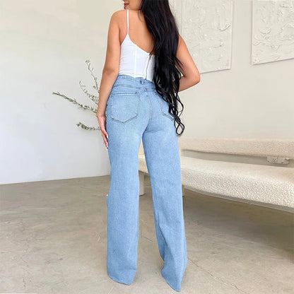 Calça jeans feminina de cintura alta, cintura larga, bolsos para lavar buracos,