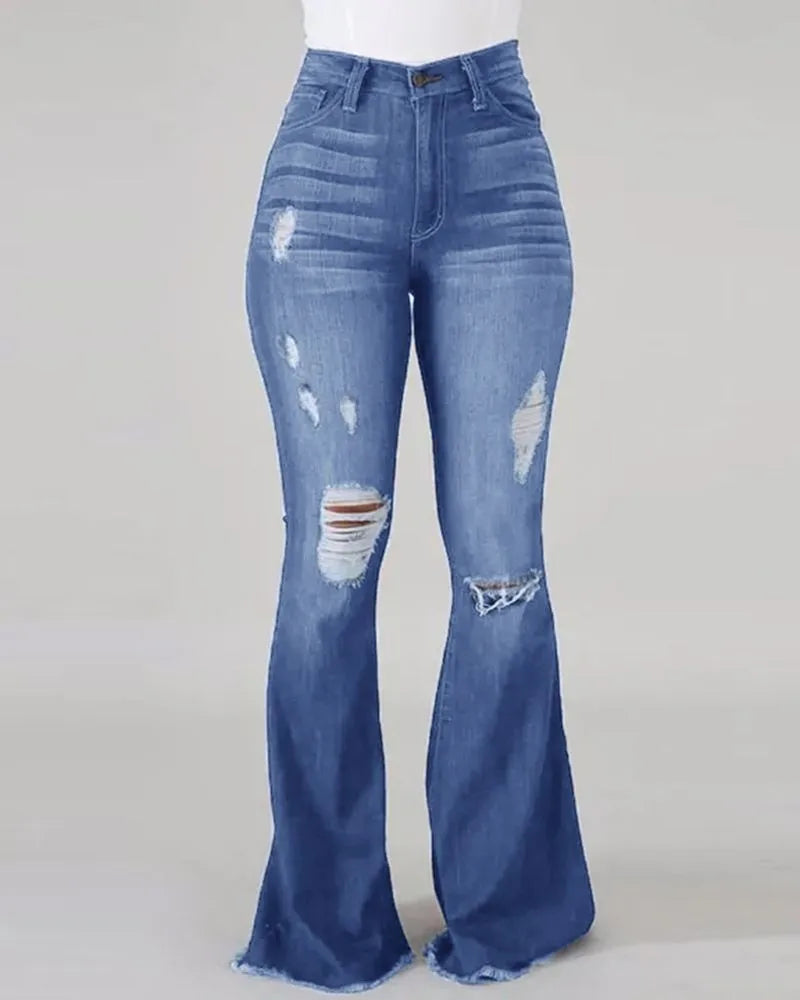 2023 New High Waist Ripped Flared Jeans For Women Fashion Slim Hip Lift Stretch Denim Pants Street Casual Female Trousers S-3XL