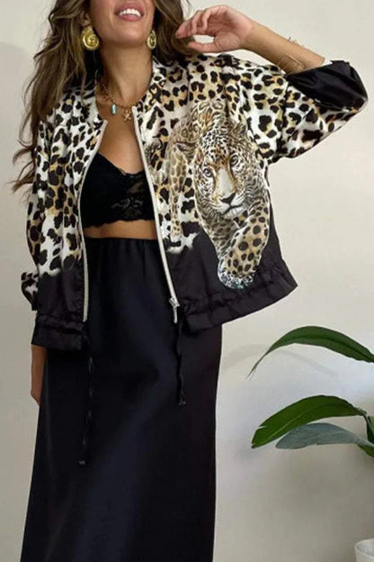 Women Leopard Print Jackets Long Sleeve Zipper Outerwear O-neck 2024 Spring Autu