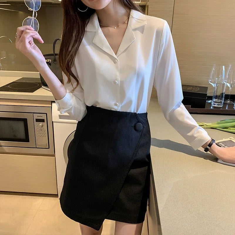 2024 Women's Long Sleeve Notched Collar Blouse – Elegant Spring & Autumn Office Wear Top (WY1003)