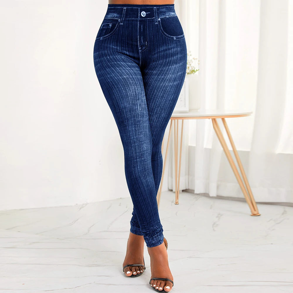 Leggings estampa feminina de elástico na cintura falsa denim, elástico, ajuste