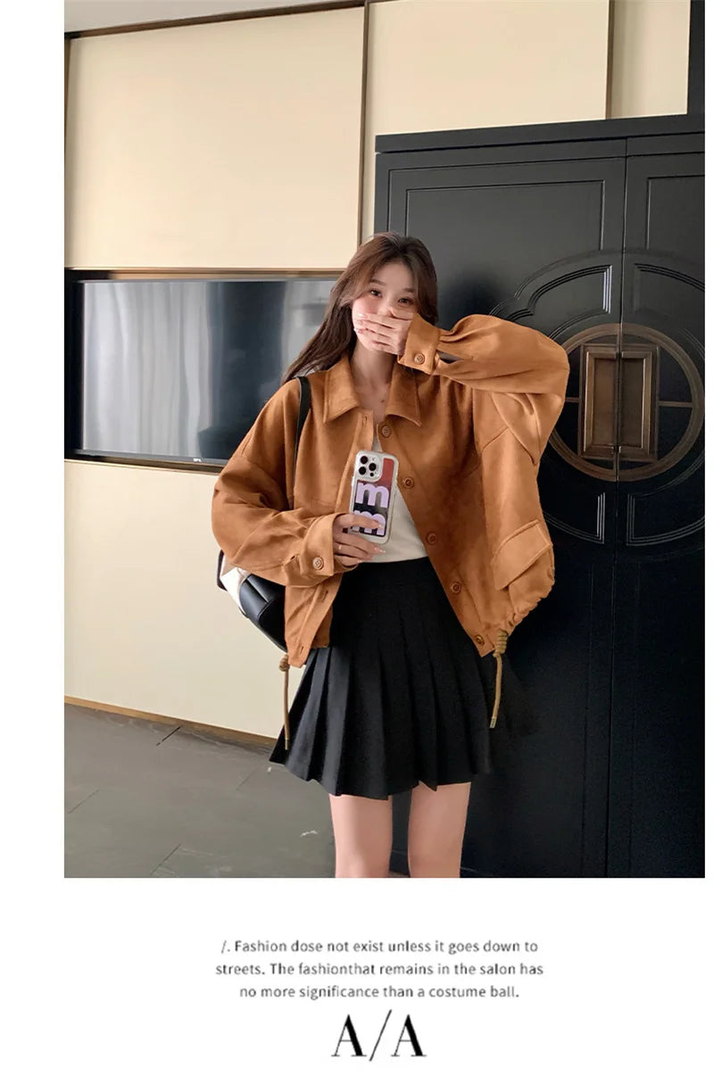 Retro Suede Short Jacket for Women in Spring and Autumn 2024 New Loose Fitting C