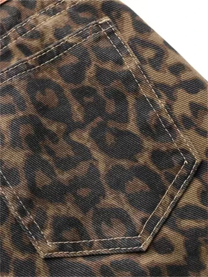 Women's Oversized Wide-Leg Leopard Print Jeans - Vintage Streetwear Hip-Hop Style