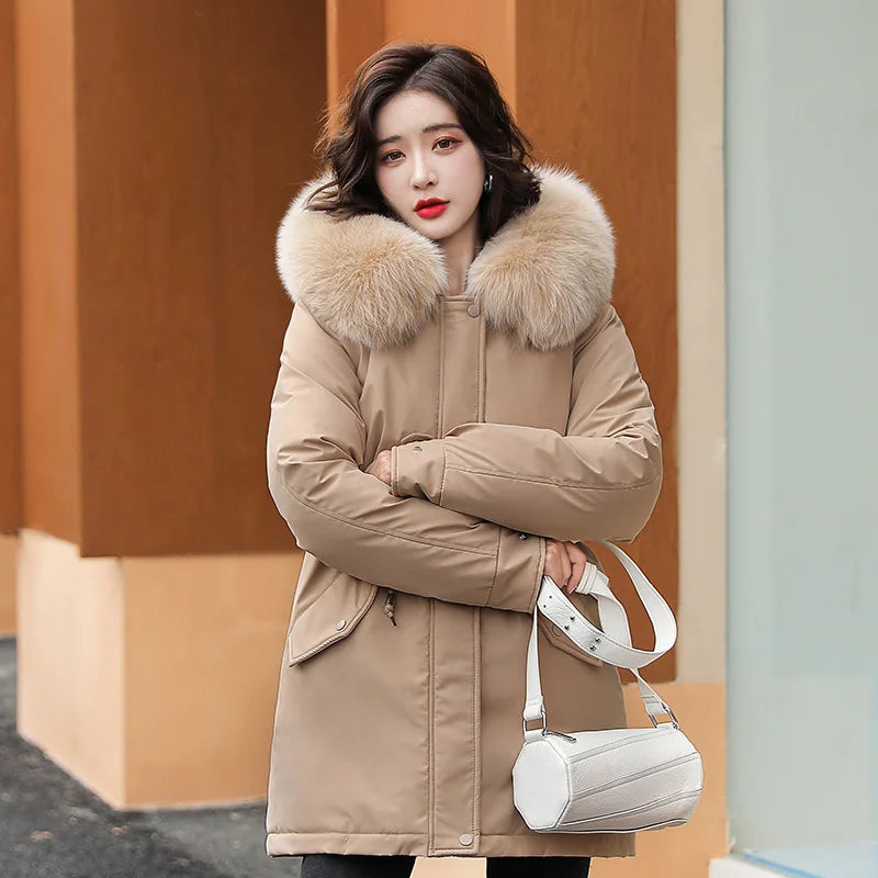 Women's Fine Wool Parka with Hood and Fur Collar, Warm Snowy Quilted Long Coat, Fashion Winter Outerwear 2023