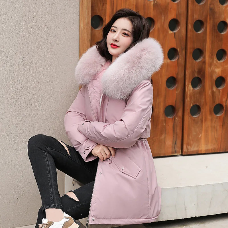 Women's Fine Wool Parka with Hood and Fur Collar, Warm Snowy Quilted Long Coat, Fashion Winter Outerwear 2023