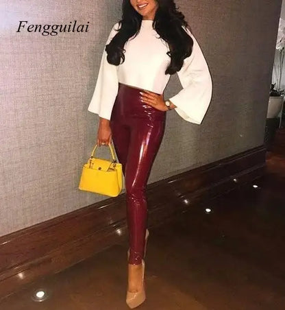 S-3Xl  Wet Look Leather Leggings Women High Waist Leggings Stretch Slim Red Black Legging Fashion Pu Pants Women