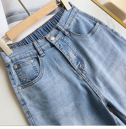 S-5XL Women Jeans Spring Autumn Elastic Waist Light Blue Loose Denim Pants 2023 New Harem Pants Female Casual Trousers