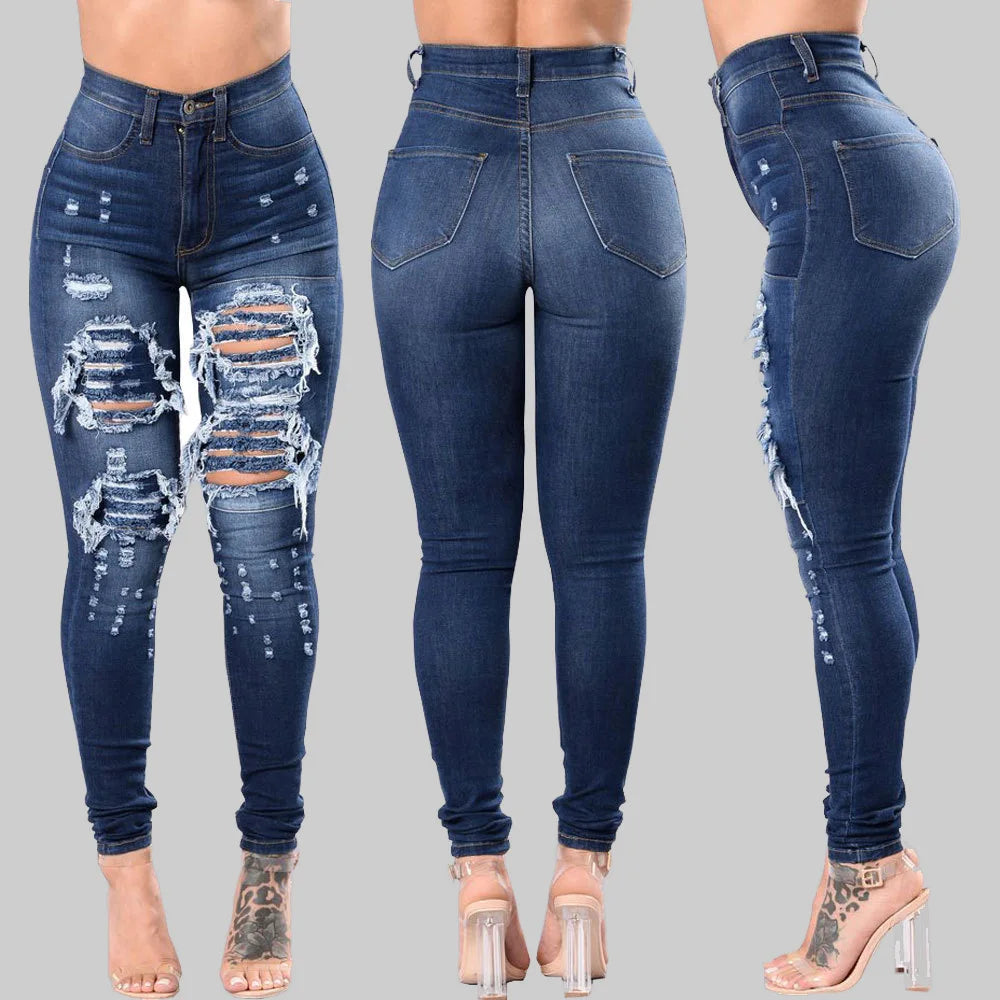 2022 New Women's High Waist Ripped Jeans Fashion Elastic Slim Hip Lift Denim Pencil Pants Casual Female Trousers S-3XL Drop Ship