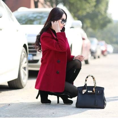 Autumn Winter Women Double Breasted Woolen Coat Solid Color Lapel Slim Fit Short