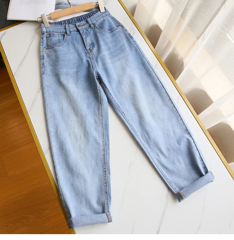 S-5XL Women Jeans Spring Autumn Elastic Waist Light Blue Loose Denim Pants 2023 New Harem Pants Female Casual Trousers