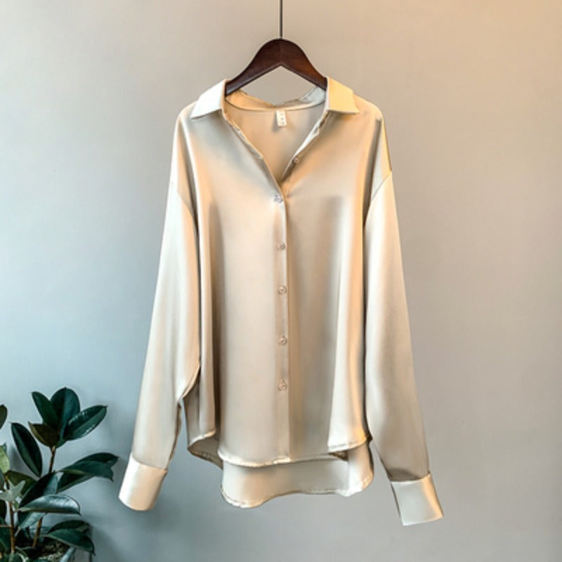 2023 Autumn Satin Overshirt – Elegant Korean-Style, Luxury Designer Long-Sleeve Office Blouse for Women