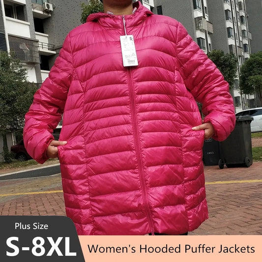 Casacos de puffer com capuz feminino, casaco ultra leve para baixo, quente, slim