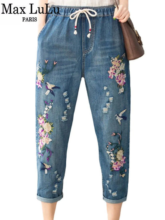 Max Lulu-calça jeans solta floral vintage para mulheres, calça casual rasgada,