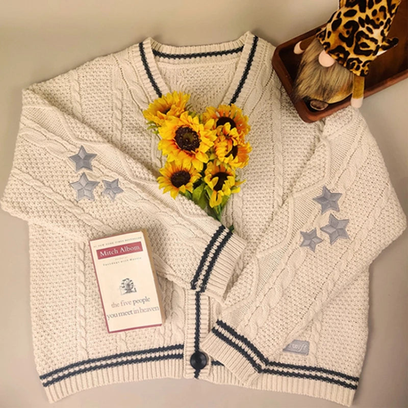 Bordado feminino estrela Y2K Cardigans de malha, suéteres vintage, peito único