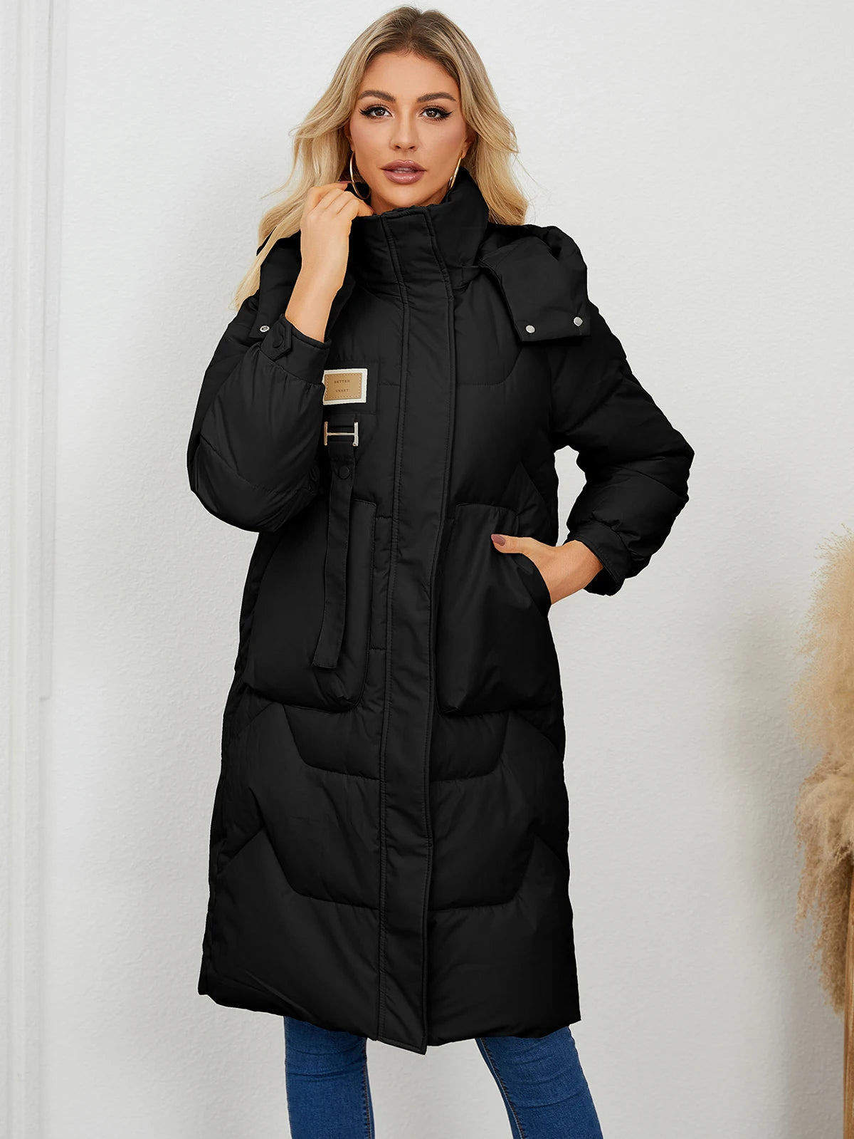 Autumn Winter Women’s Padded Jacket Stand Collar Wide-Waisted Hooded Long Coat