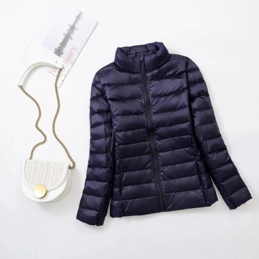 Jaqueta puffer curta com capuz para mulheres, casaco coreano slim fit, pato bran