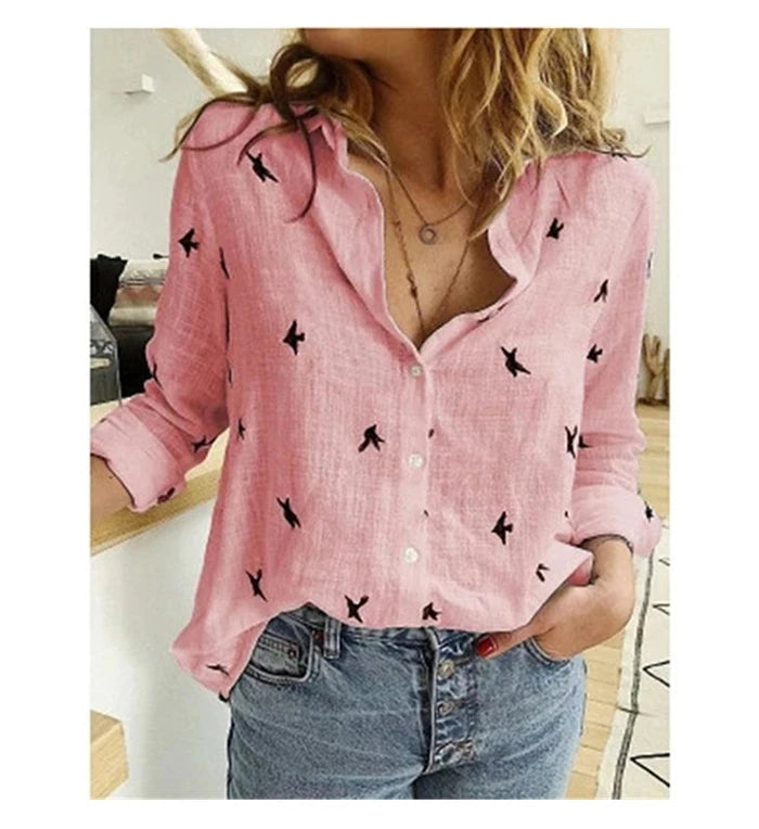 Vintage Streetwear Women's Oversized Bird Print Tunic – Casual Long Sleeve Cotton & Linen Blouse