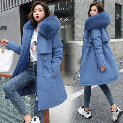 Women's Wool Hooded Jacket with Faux Fur Collar, Long Coat, Thick Warm Winter Snow Parka, Fashionable 2024 Winter Coat