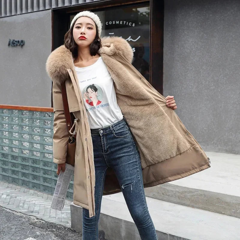 Women's Wool Hooded Jacket with Faux Fur Collar, Long Coat, Thick Warm Winter Snow Parka, Fashionable 2024 Winter Coat